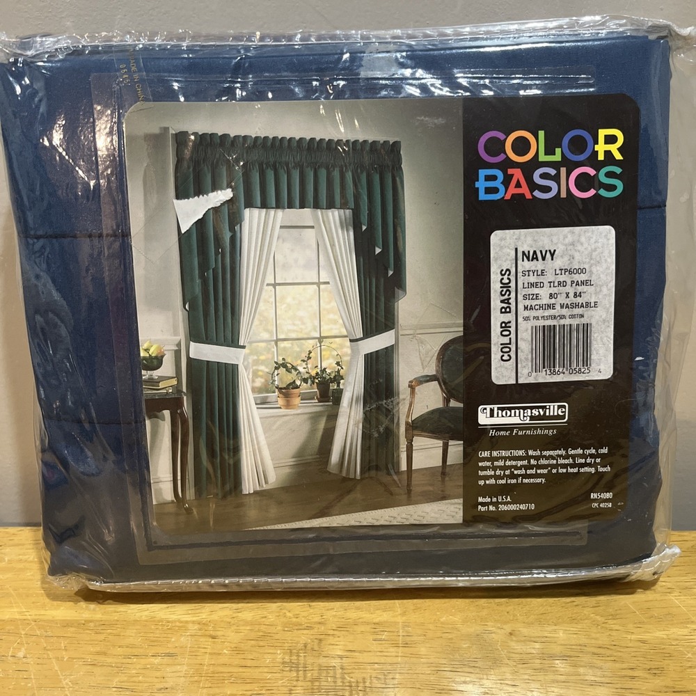 Thomasville Vtg Color Basics Navy Blue‎ Tailored 2 Panel Curtains 80x84" Tie